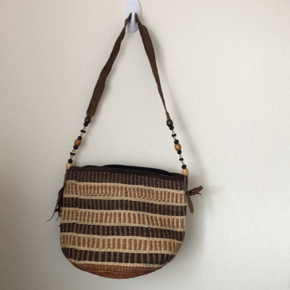 Straw handbag woven brown handmade Ethiopian purse